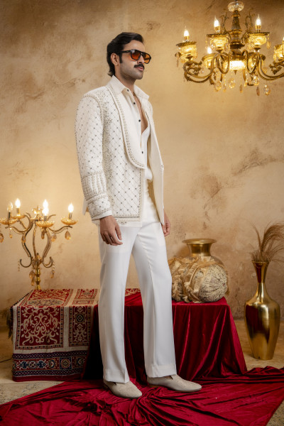 Pearl Embroidered Open Blazer In Off White
