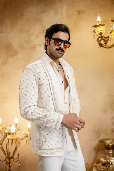 Pearl Embroidered Open Blazer In Off White