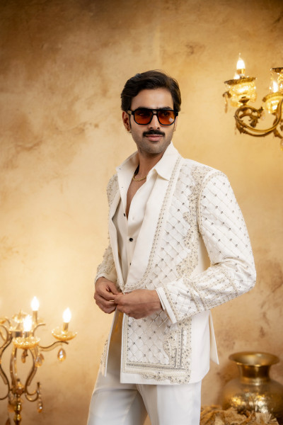 Pearl Embroidered Open Blazer In Off White