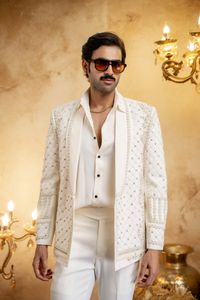 Pearl Embroidered Open Blazer In Off White