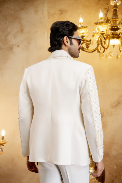 Pearl Embroidered Open Blazer In Off White