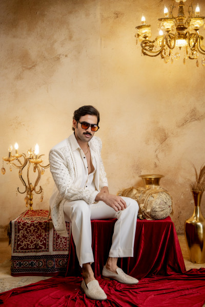 Pearl Embroidered Open Blazer In Off White