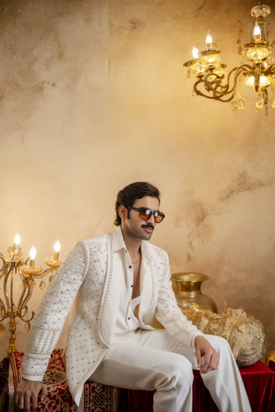Pearl Embroidered Open Blazer In Off White