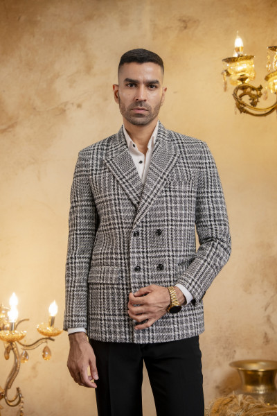 Checked Double Breasted Blazer In Wool