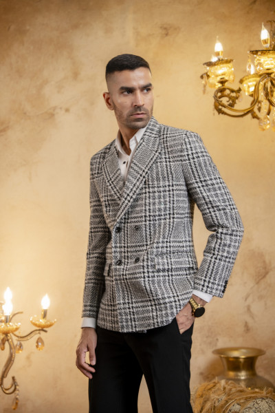 Checked Double Breasted Blazer In Wool