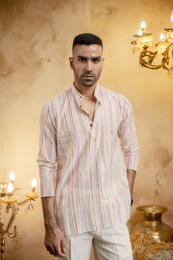 Image of Striped Short Kurta In Cotton
