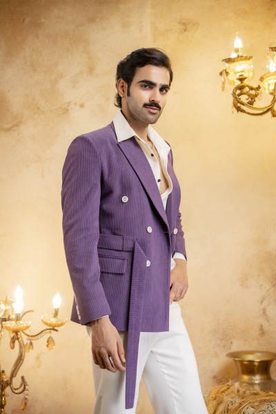Double Breasted Belted Blazer In Corduroy