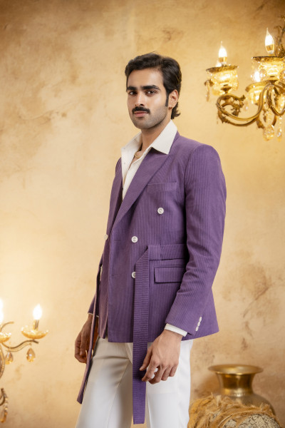 Double Breasted Belted Blazer In Corduroy