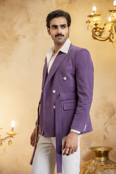 Double Breasted Belted Blazer In Corduroy