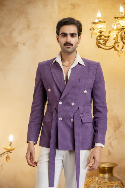 Double Breasted Belted Blazer In Corduroy