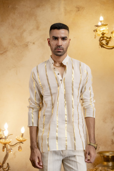Gold Striped Short Kurta In Cotton