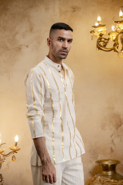 Gold Striped Short Kurta In Cotton