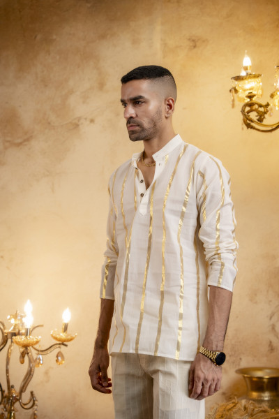 Gold Striped Short Kurta In Cotton