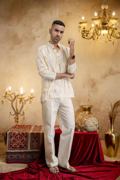 Gold Striped Short Kurta In Cotton