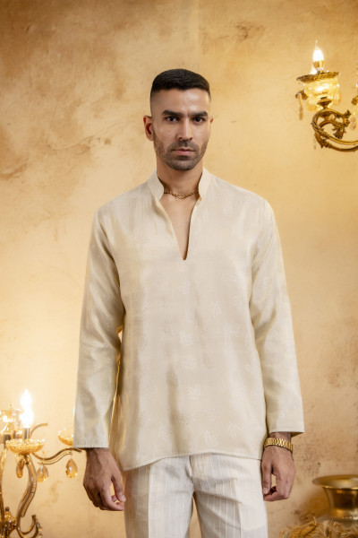 V Neck Short Kurta In Organza Jacquard