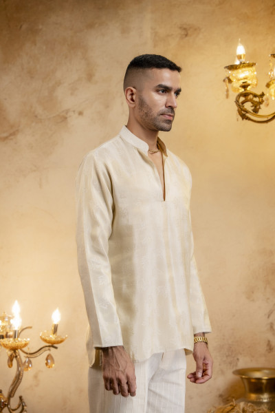 V Neck Short Kurta In Organza Jacquard
