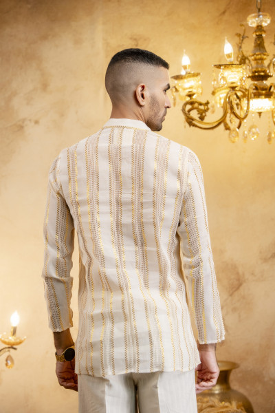 Knit Striped Short Kurta In Cream