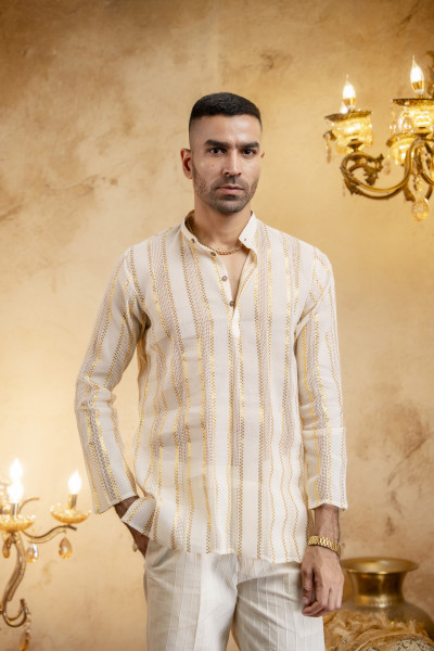 Knit Striped Short Kurta In Cream