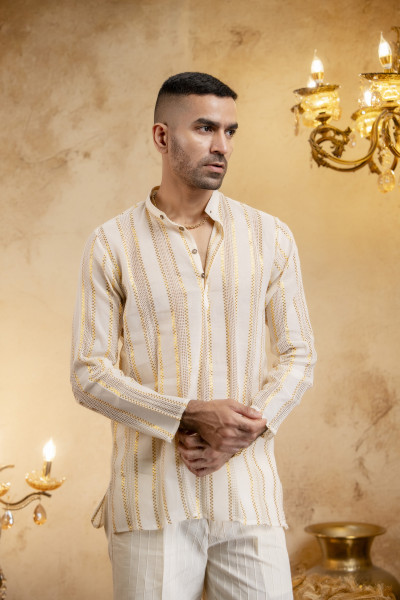 Knit Striped Short Kurta In Cream