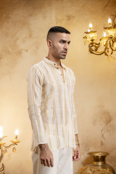 Knit Striped Short Kurta In Cream
