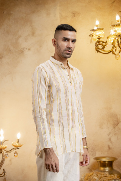 Knit Striped Short Kurta In Cream
