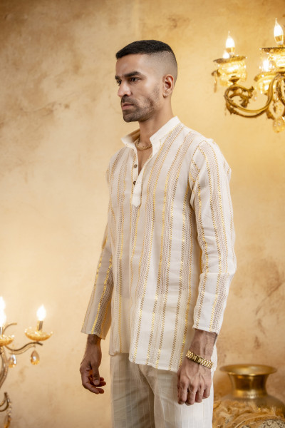 Knit Striped Short Kurta In Cream