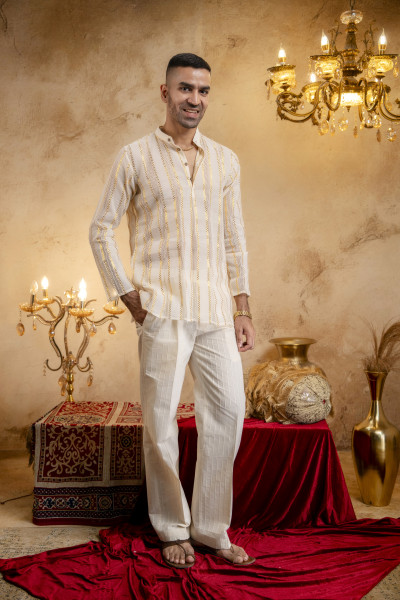 Knit Striped Short Kurta In Cream