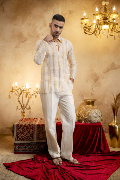 Knit Striped Short Kurta In Cream