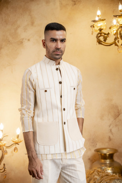Jute Striped Patch Pocket Half Jacket