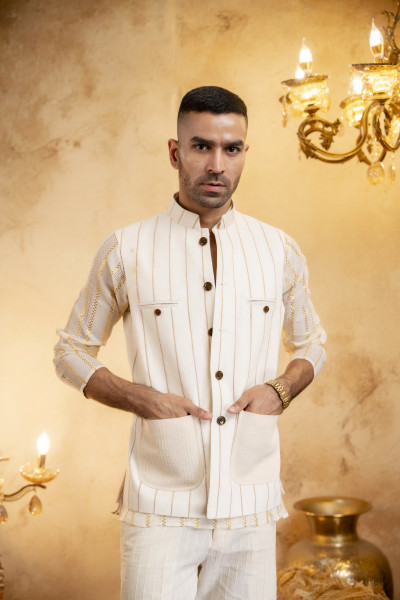 Jute Striped Patch Pocket Half Jacket