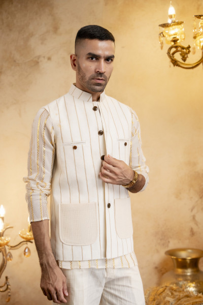 Jute Striped Patch Pocket Half Jacket
