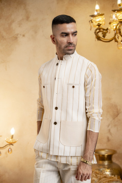 Jute Striped Patch Pocket Half Jacket