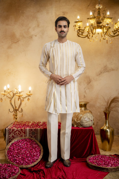 Gold Striped Angrakha Kurta In Cotton
