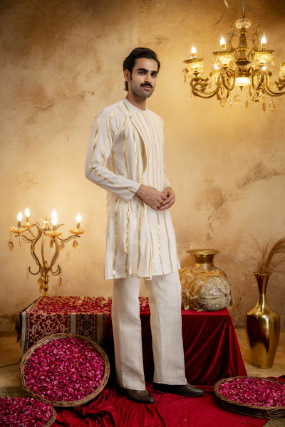 Gold Striped Angrakha Kurta In Cotton
