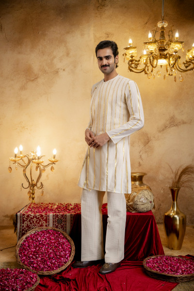 Gold Striped Angrakha Kurta In Cotton