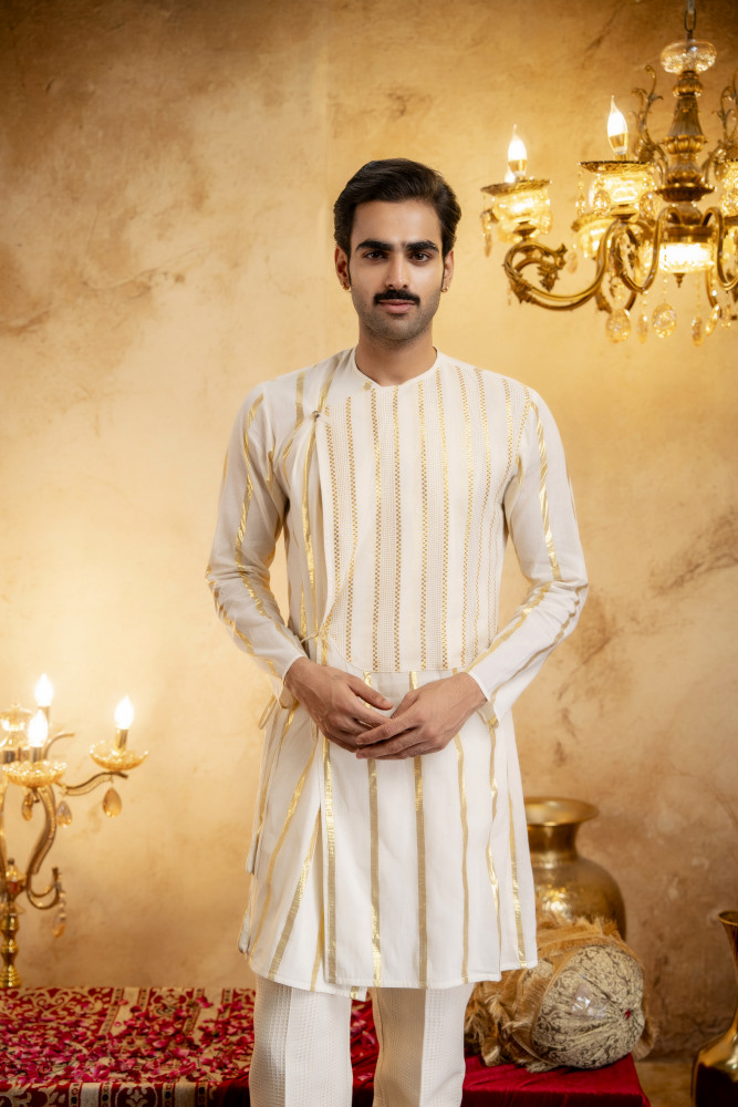 Image of Gold Striped Angrakha Kurta In Cotton