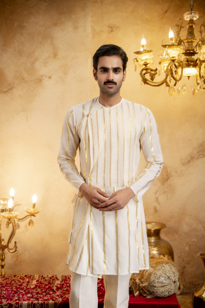 Gold Striped Angrakha Kurta In Cotton