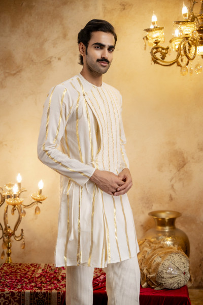 Gold Striped Angrakha Kurta In Cotton