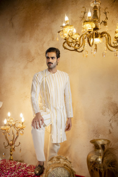 Gold Striped Angrakha Kurta In Cotton
