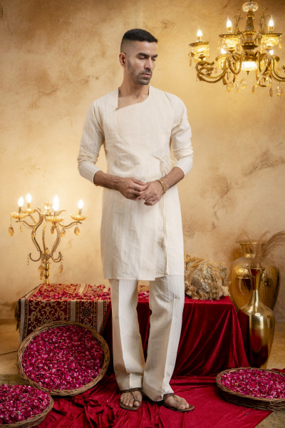 Cotton Textured Striped Angrakha In Cotton