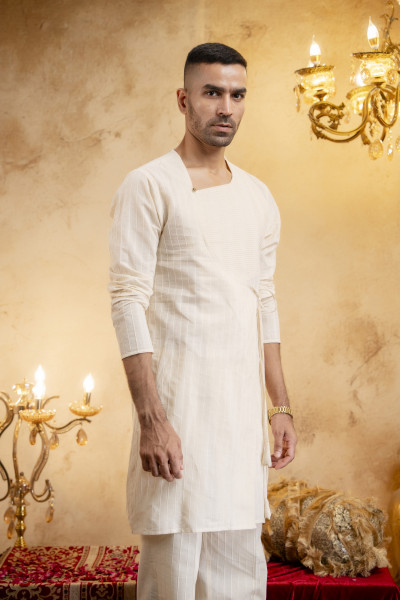 Cotton Textured Striped Angrakha In Cotton