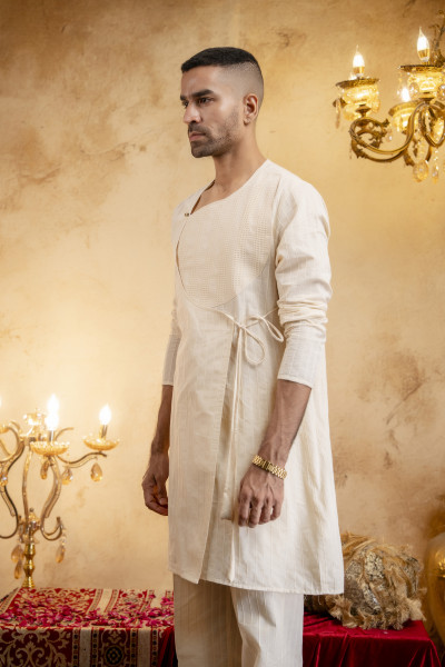 Cotton Textured Striped Angrakha In Cotton