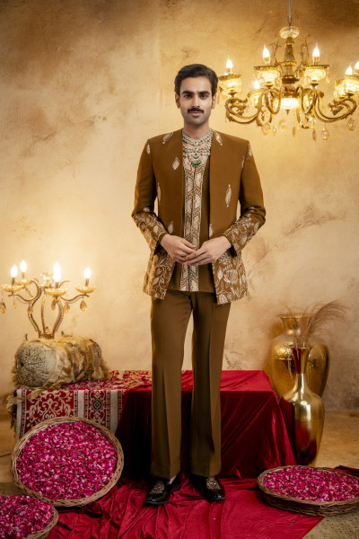 High Neck Embroidered Bandhgala Set In Tan