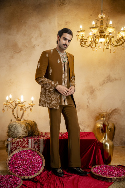 High Neck Embroidered Bandhgala Set In Tan