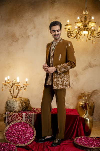 High Neck Embroidered Bandhgala Set In Tan
