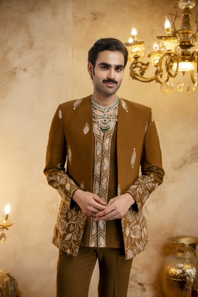 High Neck Embroidered Bandhgala Set In Tan