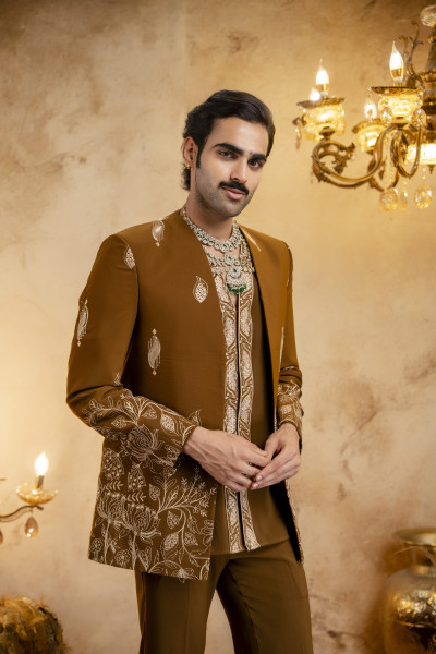 High Neck Embroidered Bandhgala Set In Tan