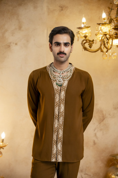 High Neck Embroidered Bandhgala Set In Tan
