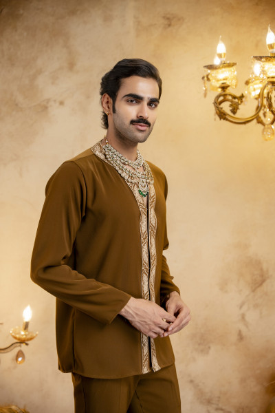 High Neck Embroidered Bandhgala Set In Tan