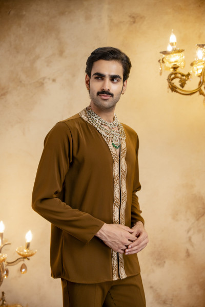 High Neck Embroidered Bandhgala Set In Tan